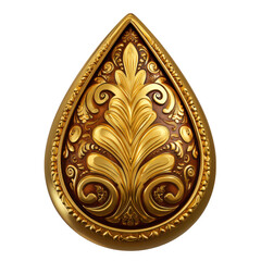 Golden ornamental teardrop with floral design isolated on transparent background