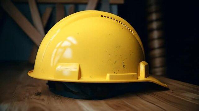 A yellow hard hat sits on a wooden surface with a dark background