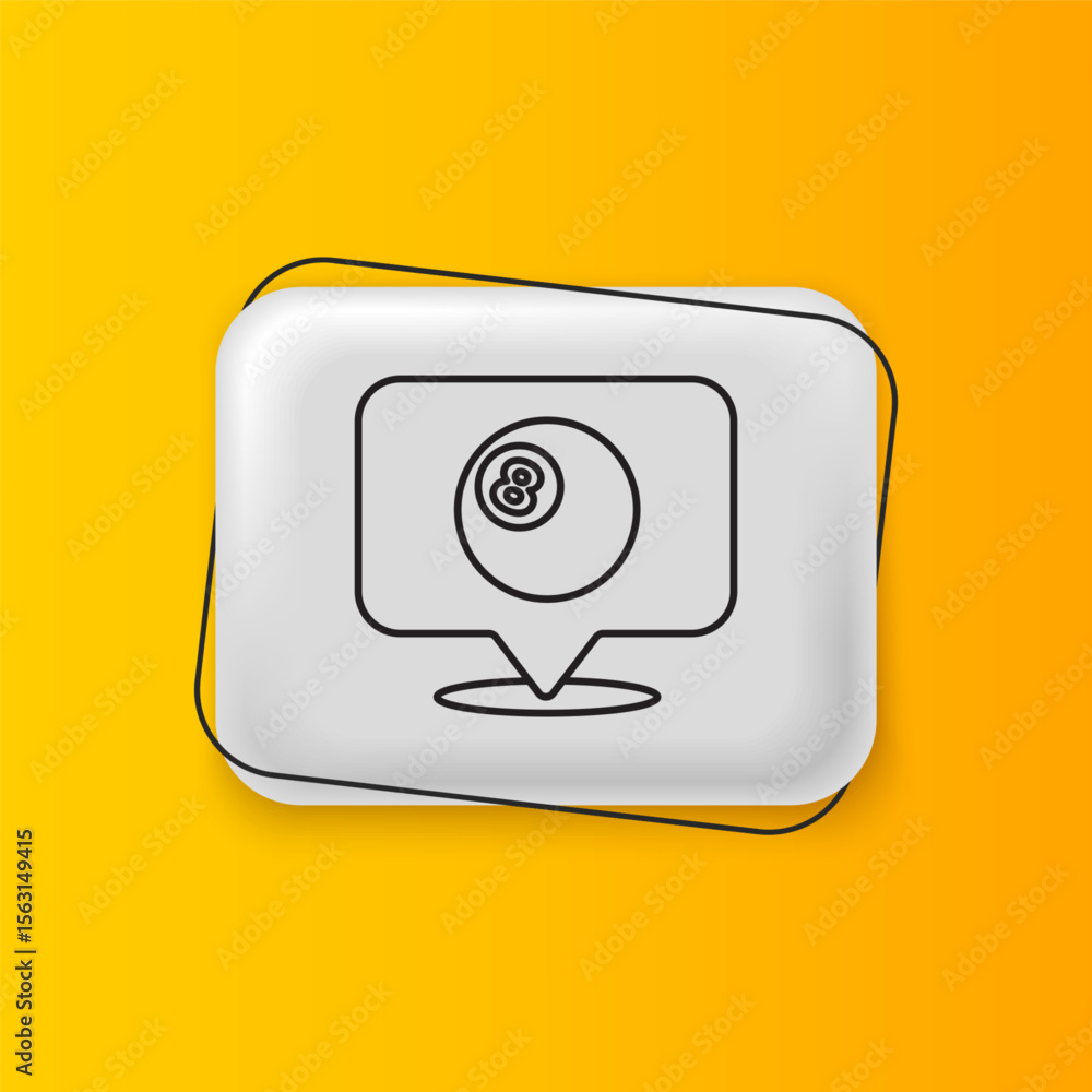 Poster black map pointer with billiard pool snooker ball with number 8 icon isolated on yellow background. 