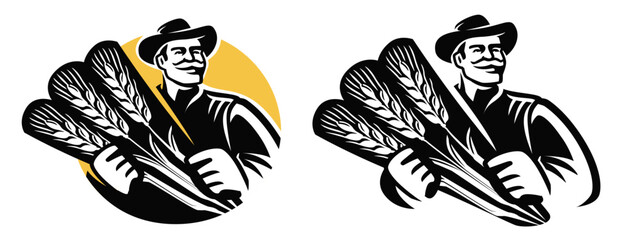 Farm worker with sheaf of wheat emblem. Farmer in hat harvesting crops from agricultural fields