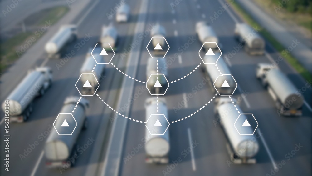 Poster multiple tanker trucks drive on a highway with digital network icons overlayed, symbolizing connecte