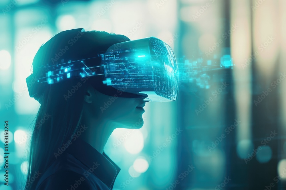 Poster woman experiencing immersive virtual reality, futuristic data streams visualized.