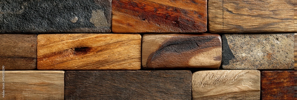 Poster wooden blocks arranged in a decorative pattern showcasing various textures and colors