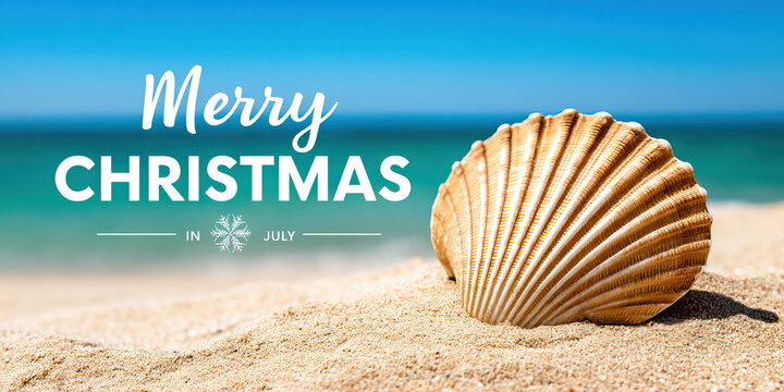 Merry Christmas in July greeting with seashell on sandy beach and blue ocean background for summer holiday celebration and festive vacation mood