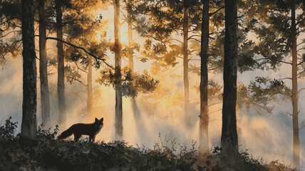 Fox in misty forest with golden sunrise rays
