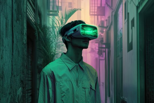 A young man wearing a VR headset experiences a vibrant virtual tropical beach scene in a futuristic urban alley.