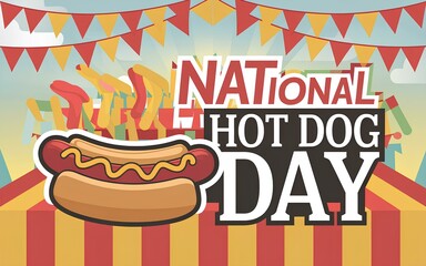 National Hot Dog Day Text with Hot Dog Icon and Festive Bunting in Bright Summer Colors