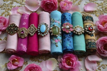 Rolled scarves with ornate pins and vintage brooches arranged on a linen flatlay surrounded by scattered petals and gold-thread embroidery 