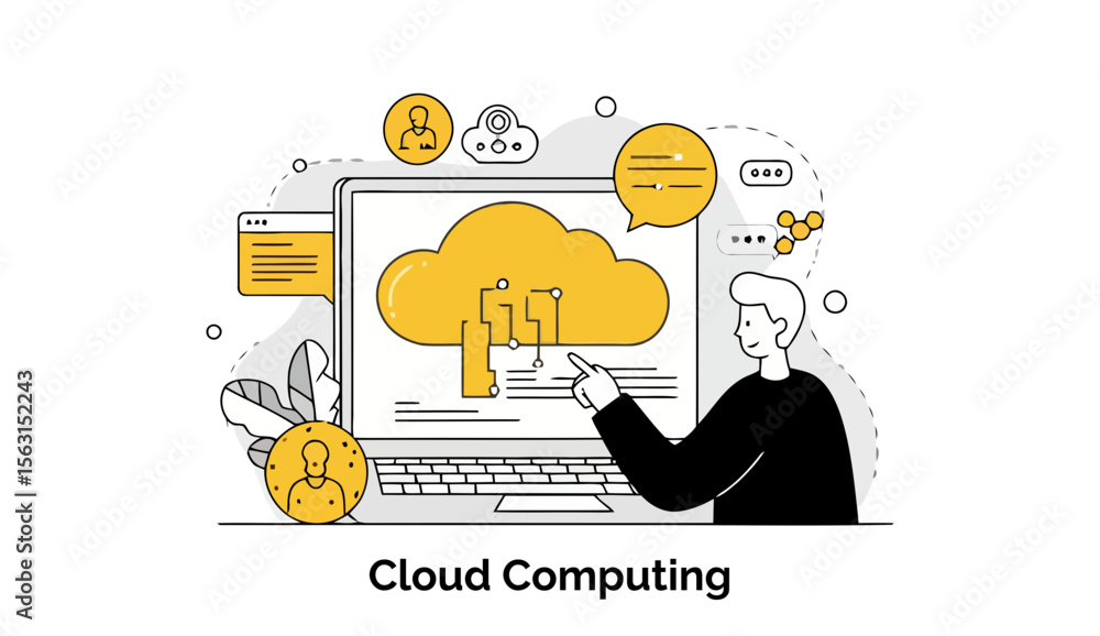 Aufkleber young adult male in casual clothing pointing at a graphic display of cloud computing concepts on a l
