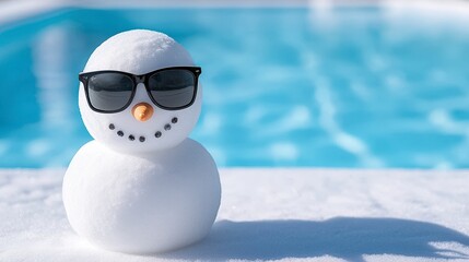 christmas in july Snowman with sunglasses in the summer. A whimsical winter icon enjoys a sunny vacation festive fun under a summer sky.