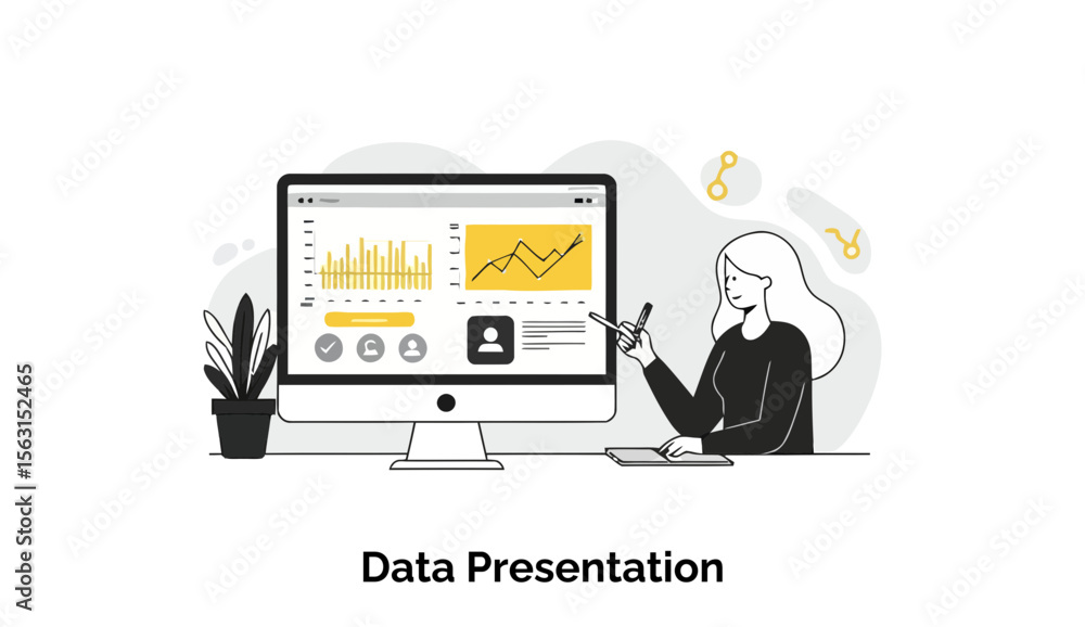 Poster a young woman in a black top presenting data on a computer screen with various graphs and charts. pr