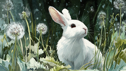 Fluffy white rabbit in meadow with dandelions blowing gently