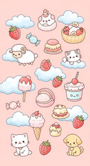 Kawaii Cute Doodle Mobile Wallpaper &ndash; Cartoon Animals and Food on Pink Background
