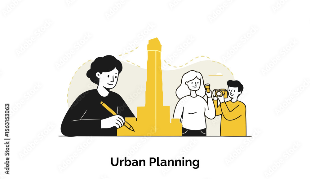 Poster urban planners collaborating on a city model design with a modern architectural setting. team taking