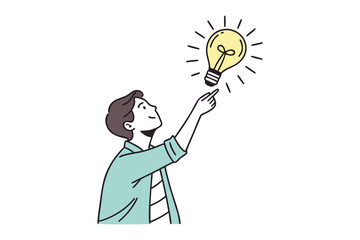 A person with a bright idea pointing upwards towards a glowing light bulb symbolizing innovation and creativity in a simple illustration