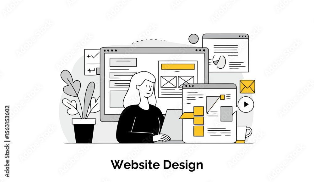 Poster a female graphic designer in a black top, seated at a desk, actively working on multiple website des