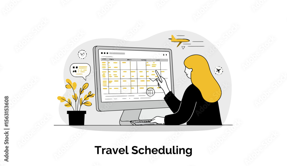 Aufkleber female travel agent in business attire scheduling travel itinerary on computer in office. focused on