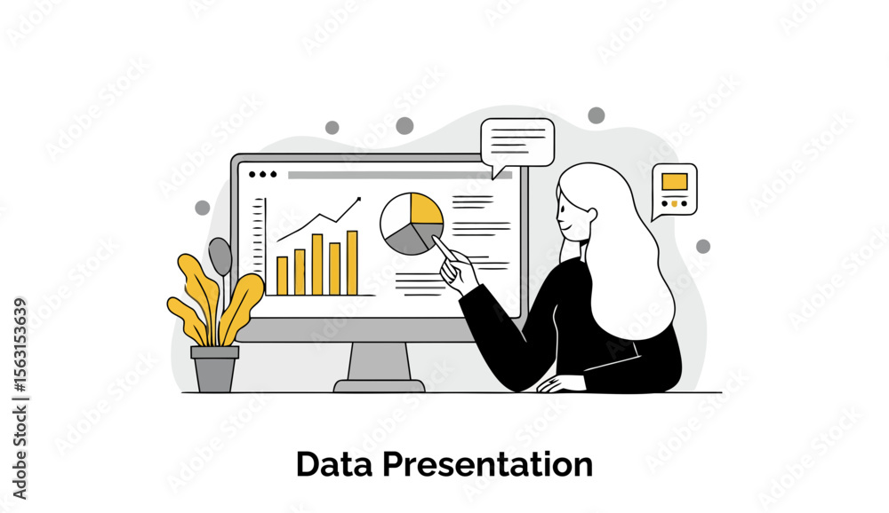 Aufkleber female professional presenting data on computer screen in office setting. woman pointing to data gra