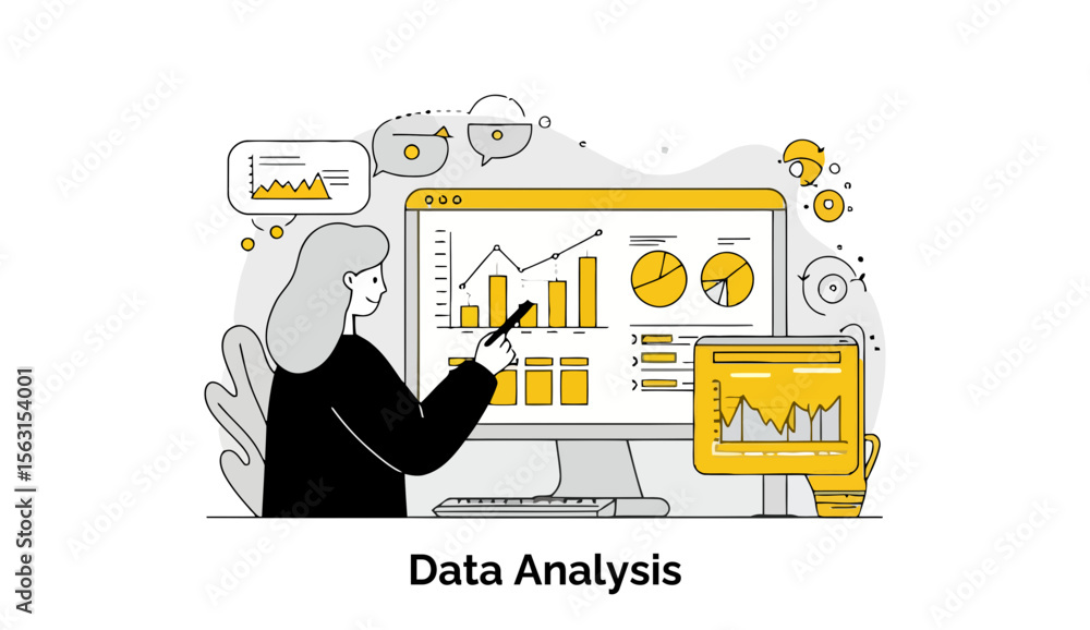 Poster female data analyst reviewing data on a computer screen, highlighting key elements of a report in a 