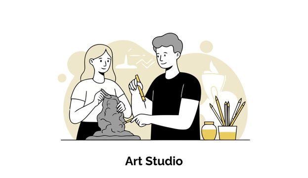 Young adult female and male art students working on a clay sculpture in an art studio. Two students actively engaged in sculpting a clay figure with tools and supplies, in an art studio setting.