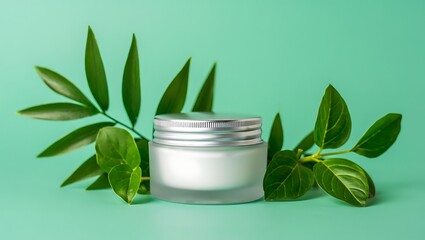 Luxurious natural skincare cream presented with fresh green leaves on a pastel background