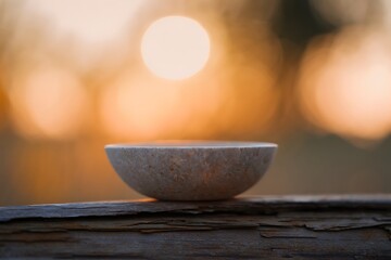 A Simple Stone Bowl Resting on a Textured Wooden Surface with a Soft Bokeh Background of Warm Golden Sunlight