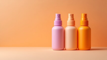 Three Pastel Colored Spray Bottles on a Warm Peach Background Minimalist Photography Studio Shot
