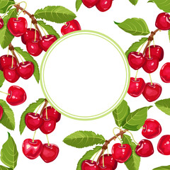 Postcard with juicy cherry and space for your text. Template for cosmetics, juices, jams, etc