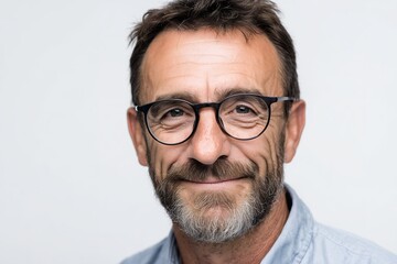 Obraz premium Portrait of a Cheerful Mature Man Wearing Glasses, Smiling Confidently Against a Clean White Background, Capturing a Sense of Optimism and Experience, Ideal for Business and Lifestyle Themes