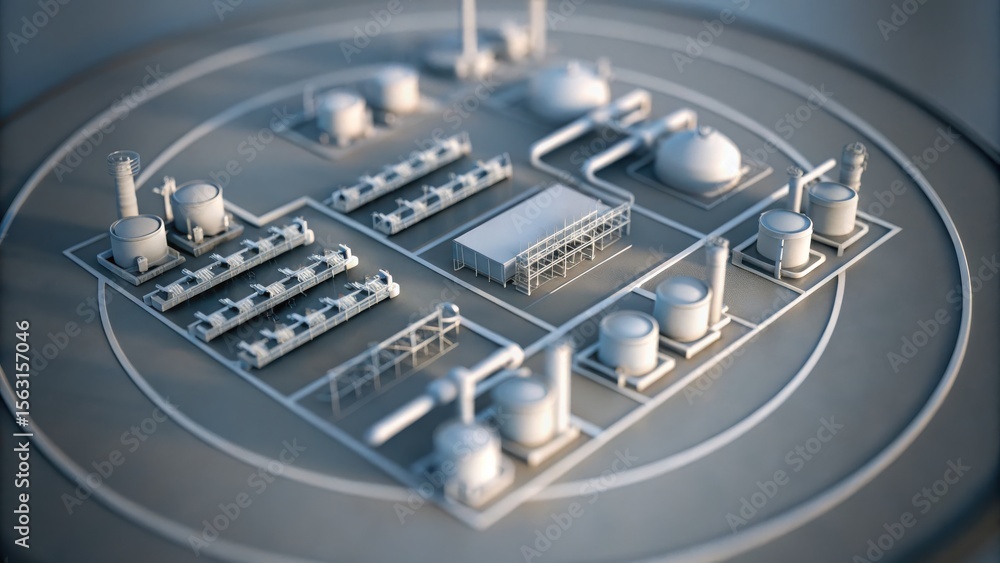 Poster a miniature model of an industrial facility featuring tanks, pipes, and various structures arranged 