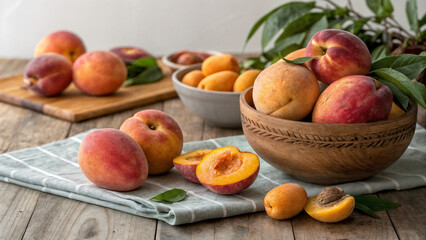  there are multiple peaches, some whole and some cut in half, along with apricots and their pits. The fruits are placed on a wooden table with a cloth and a bowl, and there are leaves scattered around