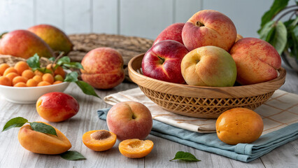 shows a variety of fresh fruits, including peaches and apricots, arranged on a wooden table. There are whole peaches in a wooden basket, sliced peaches on the table, and a bowl of apricots. The fruits