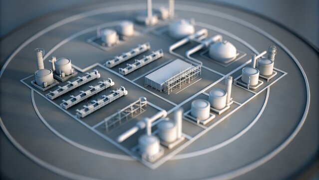 A miniature model of an industrial facility featuring tanks, pipes, and various structures arranged within a circular boundary.