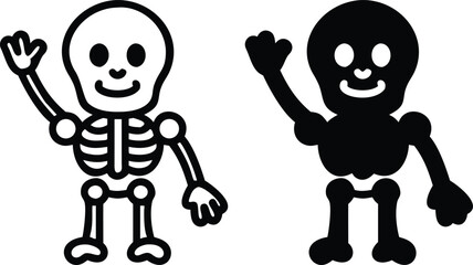 Cute Cartoon Skeleton Icons Waving – Black and White Vector Illustration for Halloween and Day of the Dead
