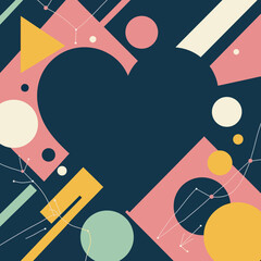 A creative and modern abstract background featuring a heart-shaped frame made from colorful retro geometric shapes, perfect for Valentine's or love themes.
