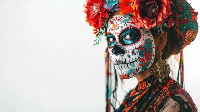A woman wearing sugar skull makeup and flowers in her hair, perfect for Halloween or Day of the Dead celebrations