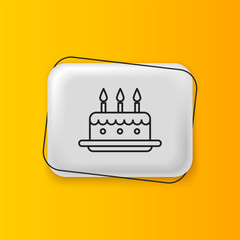 Fototapeta premium Black Cake with burning candles icon isolated on yellow background. Happy Birthday. Silver rectangle button. Vector