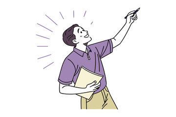 Enthusiastic young man holding a notebook and pen pointing upwards with a bright idea or inspiration