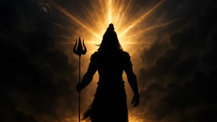 Silhouette of god Shiva Holding Trident Against a Bright Light Sky