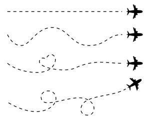 Airplane with dotted line route. flying plane with twisted, curved and straight dashed trace path. Flying airplane vector illustration.