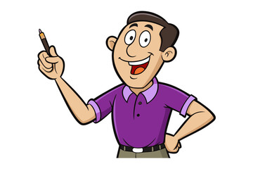 Enthusiastic cartoon man holding a pen upwards gesturing and smiling while wearing a purple shirt