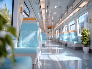 Naklejka premium Modern Train Interior: Clean, Spacious, and Comfortable Public Transportation for City Commute and Travel