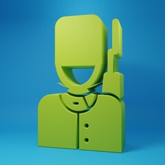 Green British guardsman with bearskin hat marching icon isolated on blue background. Minimalism concept. 3D render illustration