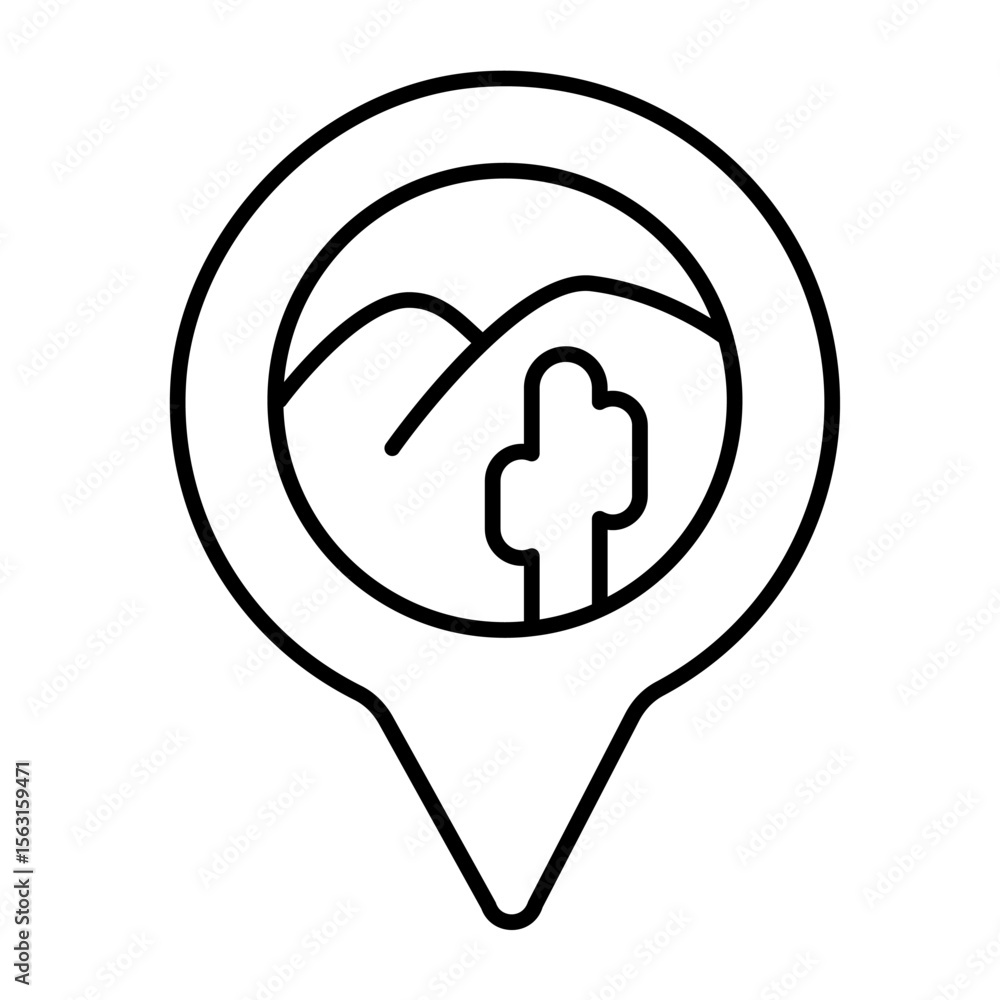 Poster desert location pointer thin line icon, wild desert concept. vector graphics. location pin with sand