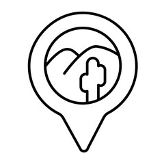 Desert location pointer thin line icon, wild desert concept. Vector graphics. Location pin with sand and cactus plant sign on white background, style mobile or design.