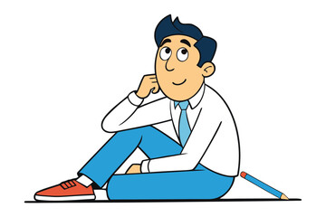 A cartoon man in a white shirt and blue pants sits thoughtfully resting his chin on his hand with a pencil nearby