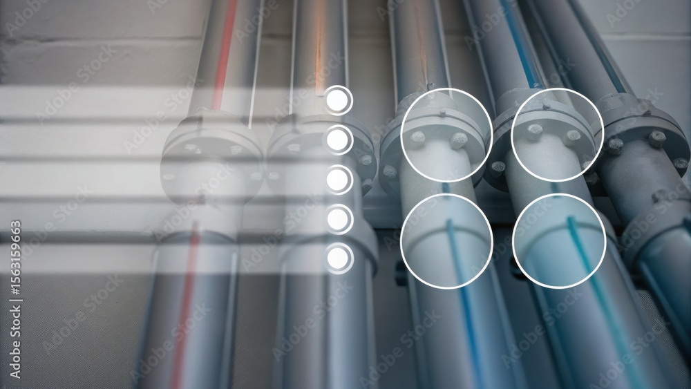 Poster metal pipes with highlighted sections and digital interface elements, suggesting monitoring or contr