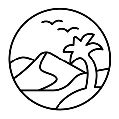 Desert with palm tree and sky birds thin line icon, desert flora concept. Vector graphics. Palm tree in sandy desert sign on white background, style mobile or design.