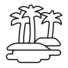 Desert oasis thin line icon, arabian desert concept. Vector graphics. Palm tree forest and water lake, mirage sign on white background, style mobile or design.