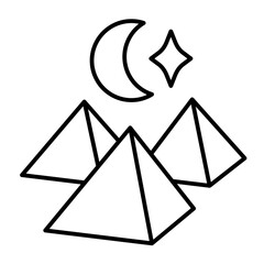 Pyramids with moon and stars thin line icon, egyptian history concept. Vector graphics. Stone monuments, culture sign on white background, style mobile or design.